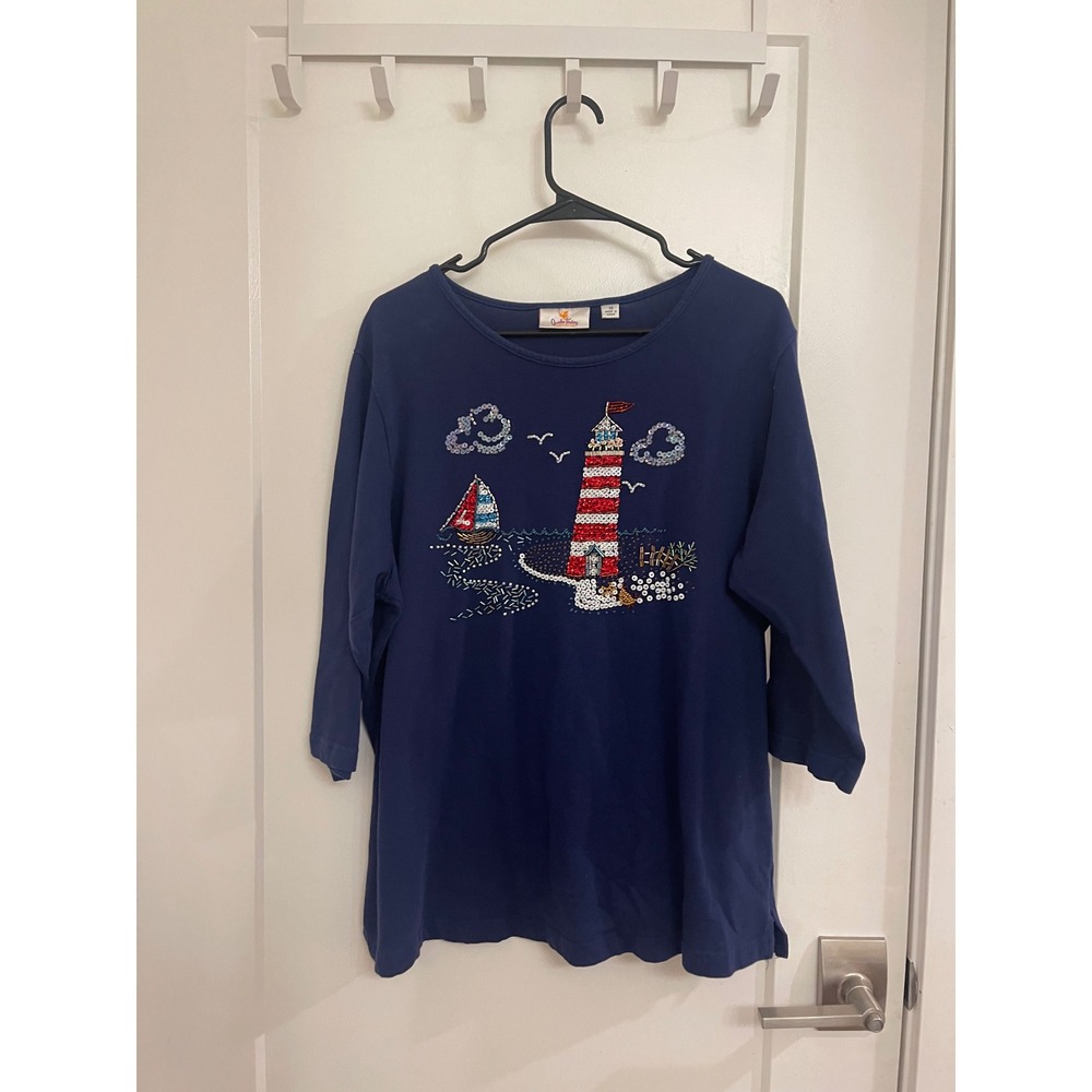 Vintage Sailor East Coastal GrandmaCore Sequined Sailing Blouse Americana - Picture 1 of 7
